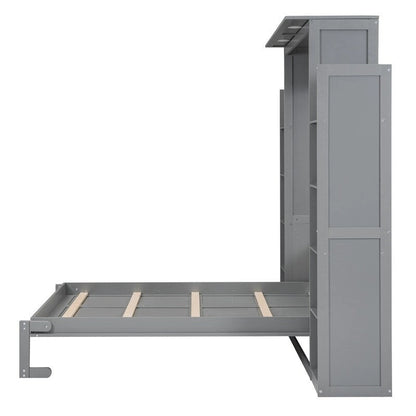 Full Size Wooden Murphy Bed Wall Bed with Shelves and LED Lights