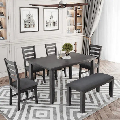 6 Piece Room Chairs with Bench, Rustic Wood Dining Set Table, Gray