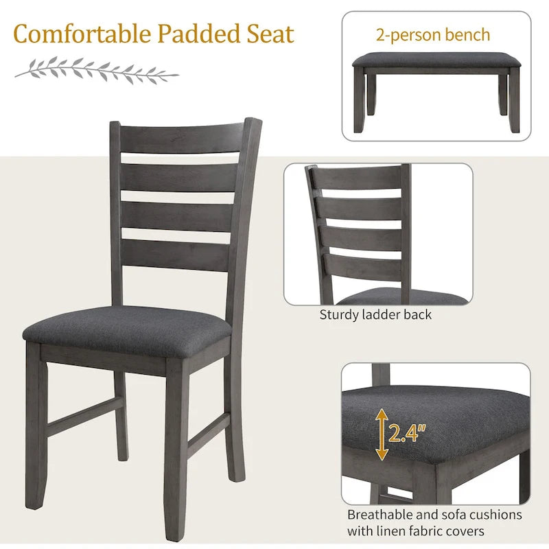 6 Piece Room Chairs with Bench, Rustic Wood Dining Set Table, Gray