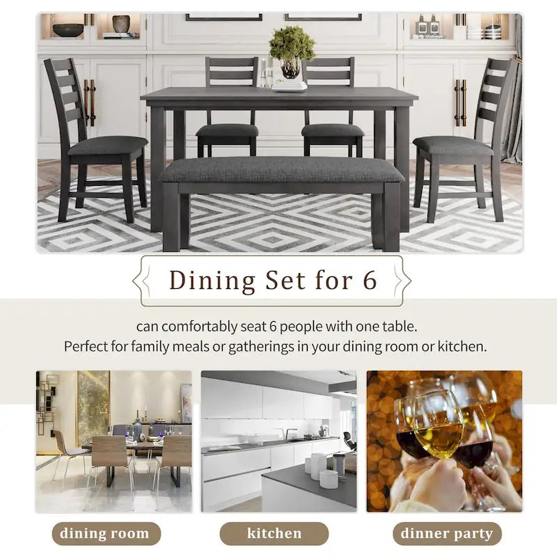 6 Piece Room Chairs with Bench, Rustic Wood Dining Set Table, Gray