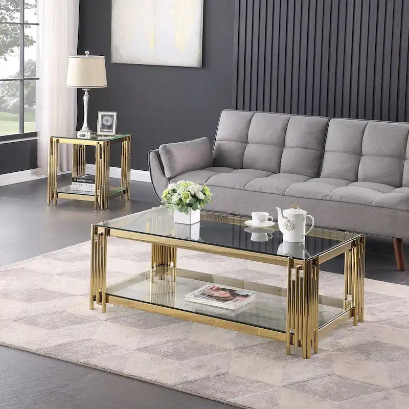 48 Wide Rectangular Coffee Table with Glass Top, Stainless Steel Double-Layer Coffee Table