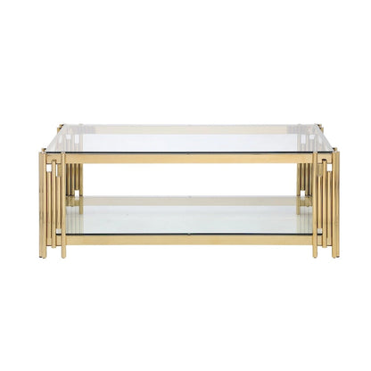 48 Wide Rectangular Coffee Table with Glass Top, Stainless Steel Double-Layer Coffee Table