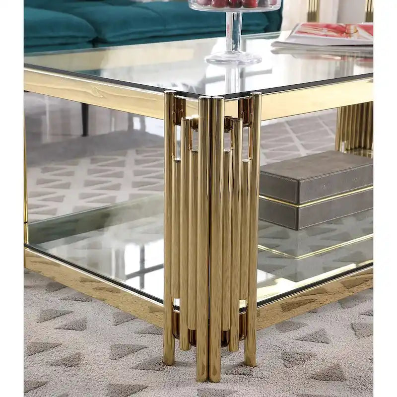 48 Wide Rectangular Coffee Table with Glass Top, Stainless Steel Double-Layer Coffee Table
