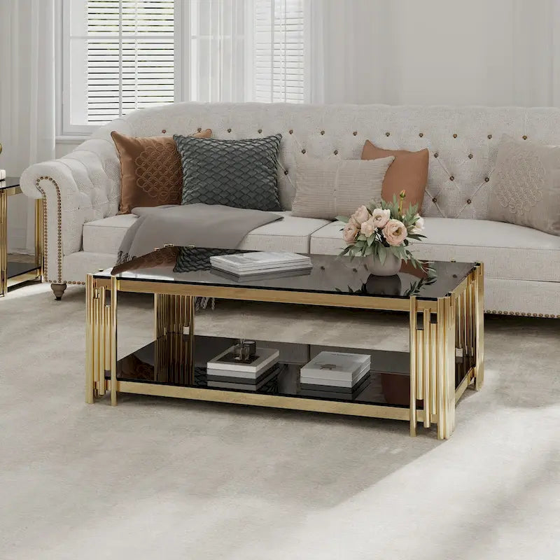 48 Wide Rectangular Coffee Table with Glass Top, Stainless Steel Double-Layer Coffee Table