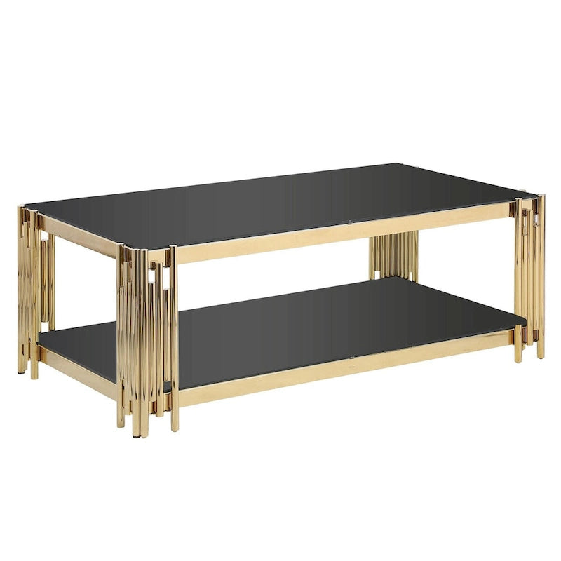 48 Wide Rectangular Coffee Table with Glass Top, Stainless Steel Double-Layer Coffee Table