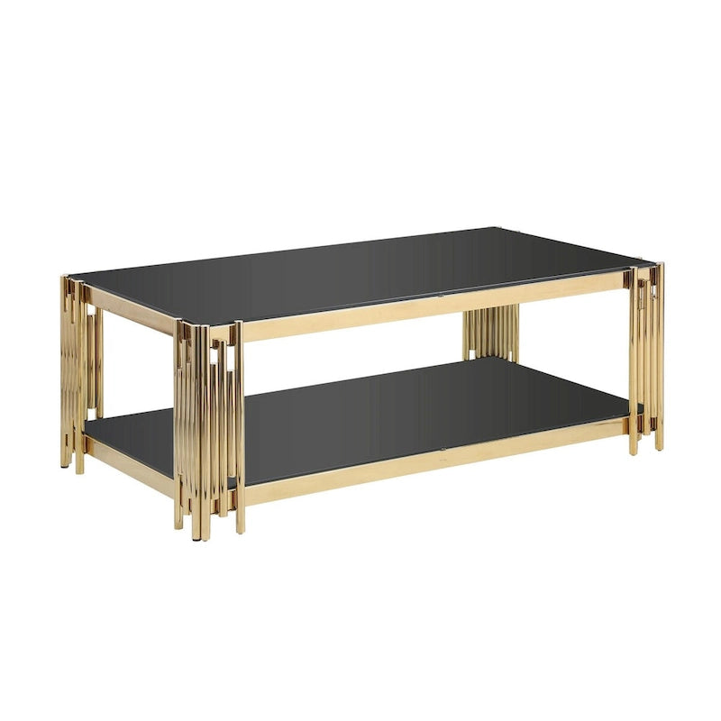 48 Wide Rectangular Coffee Table with Glass Top, Stainless Steel Double-Layer Coffee Table