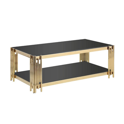 48 Wide Rectangular Coffee Table with Glass Top, Stainless Steel Double-Layer Coffee Table