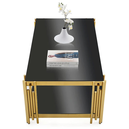 48 Wide Rectangular Coffee Table with Glass Top, Stainless Steel Double-Layer Coffee Table