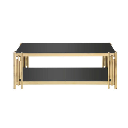 48 Wide Rectangular Coffee Table with Glass Top, Stainless Steel Double-Layer Coffee Table