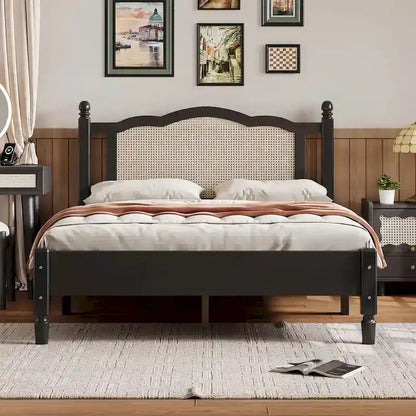 Wooden Platform Bed with Rattan Headboard and Slat Support
