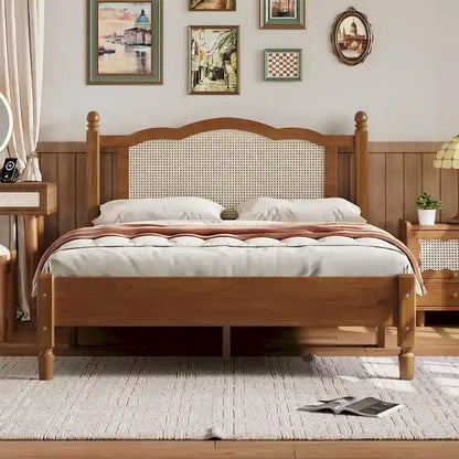 Wooden Platform Bed with Rattan Headboard and Slat Support