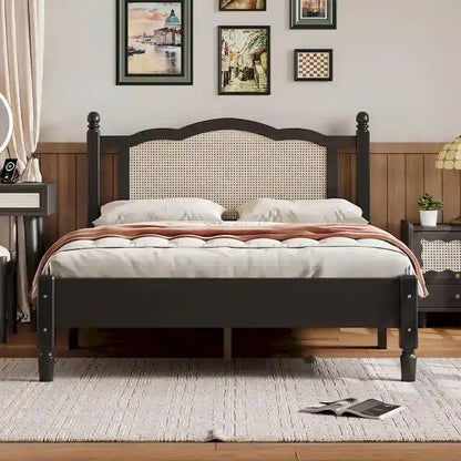 Wooden Platform Bed with Rattan Headboard and Slat Support