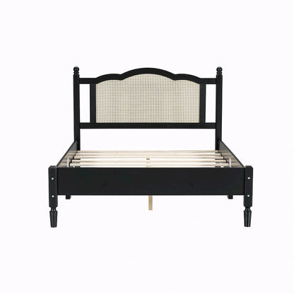 Wooden Platform Bed with Rattan Headboard and Slat Support