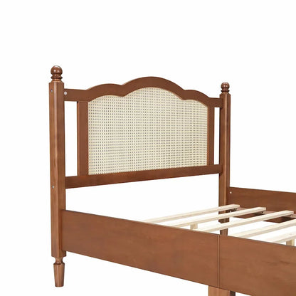 Wooden Platform Bed with Rattan Headboard and Slat Support
