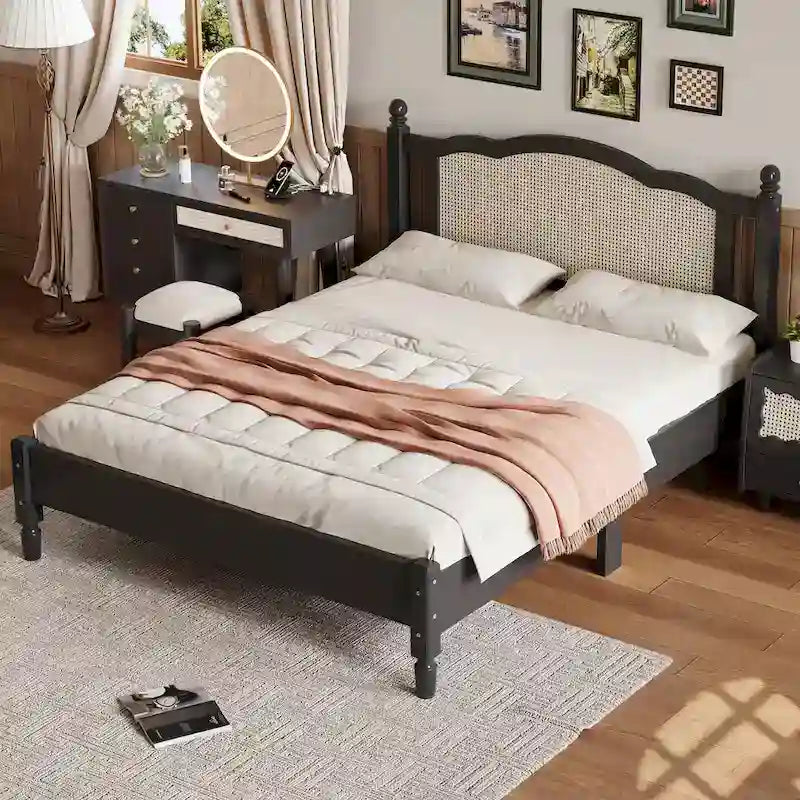 Wooden Platform Bed with Rattan Headboard and Slat Support