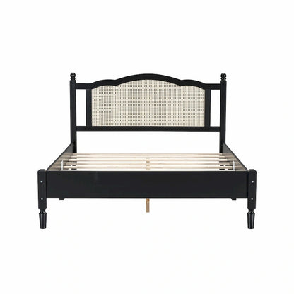 Wooden Platform Bed with Rattan Headboard and Slat Support