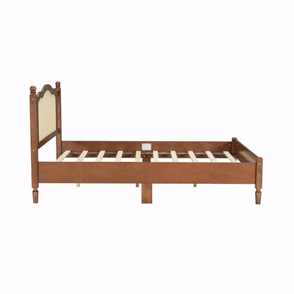 Wooden Platform Bed with Rattan Headboard and Slat Support