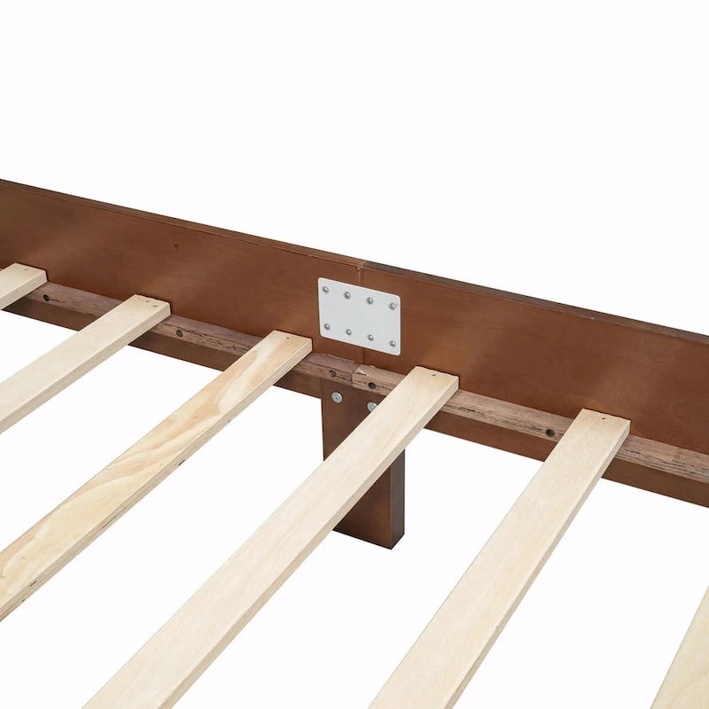 Wooden Platform Bed with Rattan Headboard and Slat Support