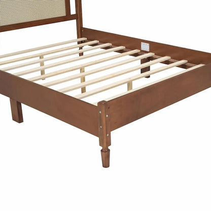 Wooden Platform Bed with Rattan Headboard and Slat Support