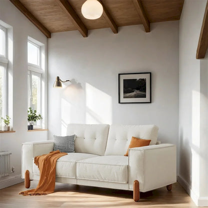 Modern Teddy Fabric Upholstered Sofa w/ Wood Legs and 2 Pillows