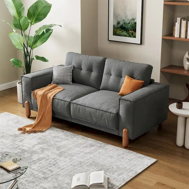 Modern Teddy Fabric Upholstered Sofa w/ Wood Legs and 2 Pillows