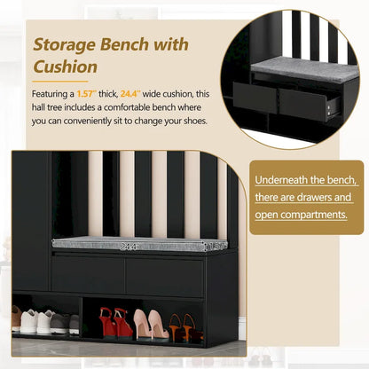 39.3Wx70.8H Hall Tree Storage with Cushioned Storage Bench,Multifunctional Hallway Shoe Cabinet,Pegboard,Coat Rack,4 Hooks