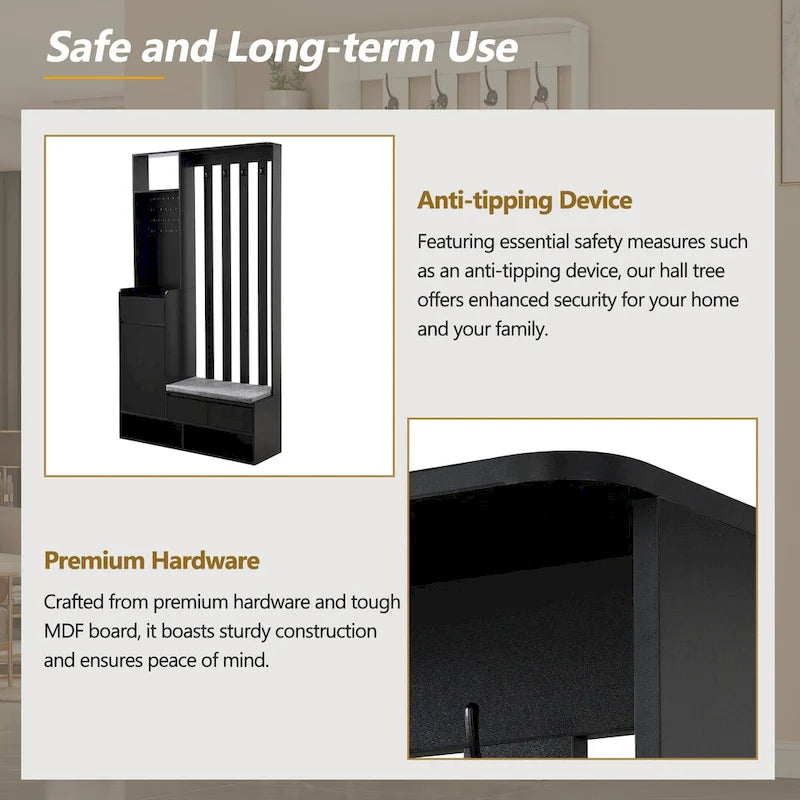 39.3Wx70.8H Hall Tree Storage with Cushioned Storage Bench,Multifunctional Hallway Shoe Cabinet,Pegboard,Coat Rack,4 Hooks