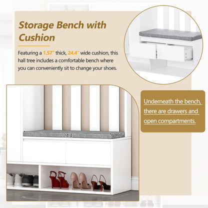 39.3Wx70.8H Hall Tree Storage with Cushioned Storage Bench,Multifunctional Hallway Shoe Cabinet,Pegboard,Coat Rack,4 Hooks