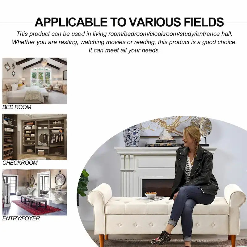 62 Bedroom Tufted Button Storage Bench, Modern Fabric Upholstered Ottoman, Window Bench, Rolled Arm Design for Bedroom