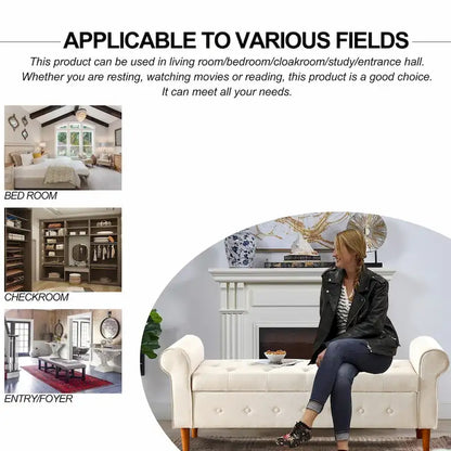 62 Bedroom Tufted Button Storage Bench, Modern Fabric Upholstered Ottoman, Window Bench, Rolled Arm Design for Bedroom