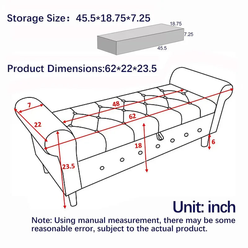 62 Bedroom Tufted Button Storage Bench, Modern Fabric Upholstered Ottoman, Window Bench, Rolled Arm Design for Bedroom