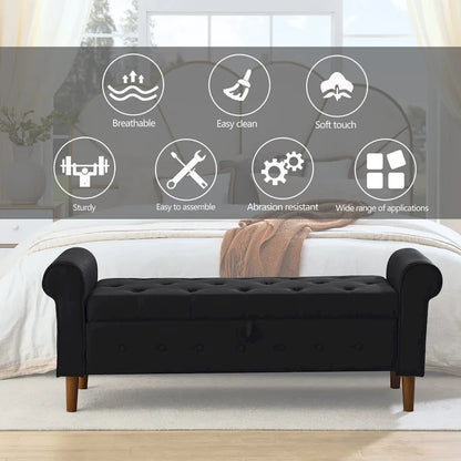 62 Bedroom Tufted Button Storage Bench, Modern Fabric Upholstered Ottoman, Window Bench, Rolled Arm Design for Bedroom