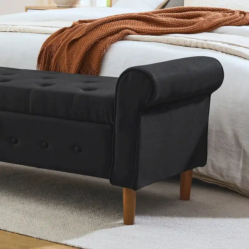 62 Bedroom Tufted Button Storage Bench, Modern Fabric Upholstered Ottoman, Window Bench, Rolled Arm Design for Bedroom