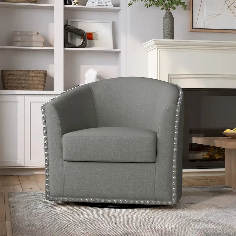 Modern Nailhead Upholstered Linen Swivel Accent Chair