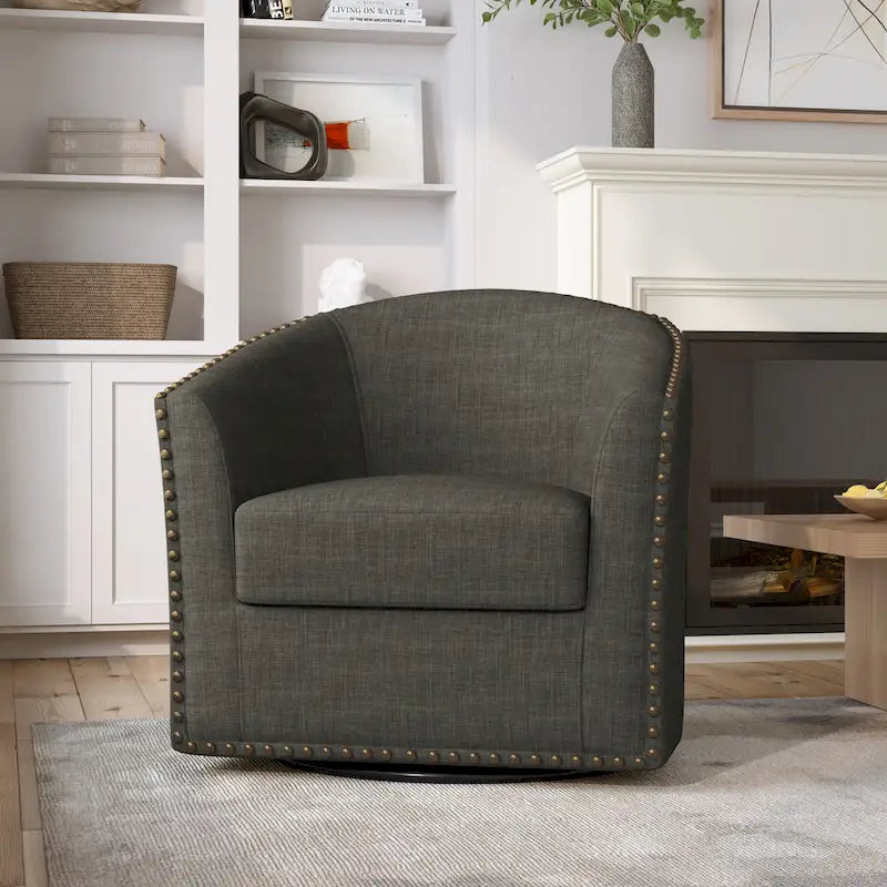 Modern Nailhead Upholstered Linen Swivel Accent Chair