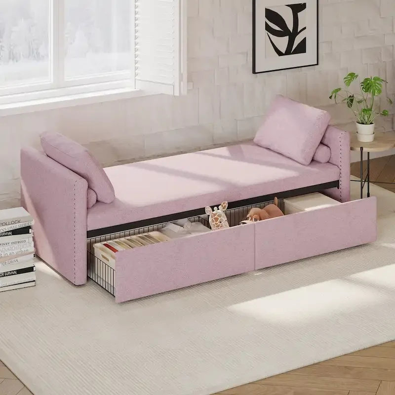 Modern Upholstered Chaise Lounger Daybed Small Single Daybed with 2 Drawers