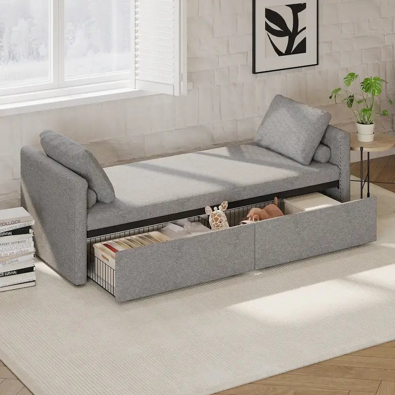 Modern Upholstered Chaise Lounger Daybed Small Single Daybed with 2 Drawers