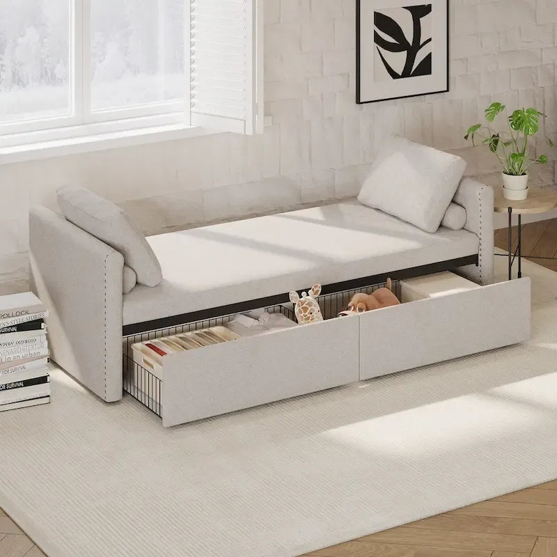 Modern Upholstered Chaise Lounger Daybed Small Single Daybed with 2 Drawers