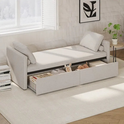 Modern Upholstered Chaise Lounger Daybed Small Single Daybed with 2 Drawers