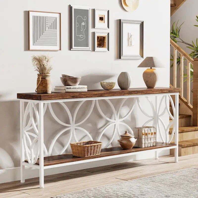 Extra Long Sofa Table with Metal Frame &amp; Rustic Wood Finish - 70.86 L x 11.81 W x 31.88 H