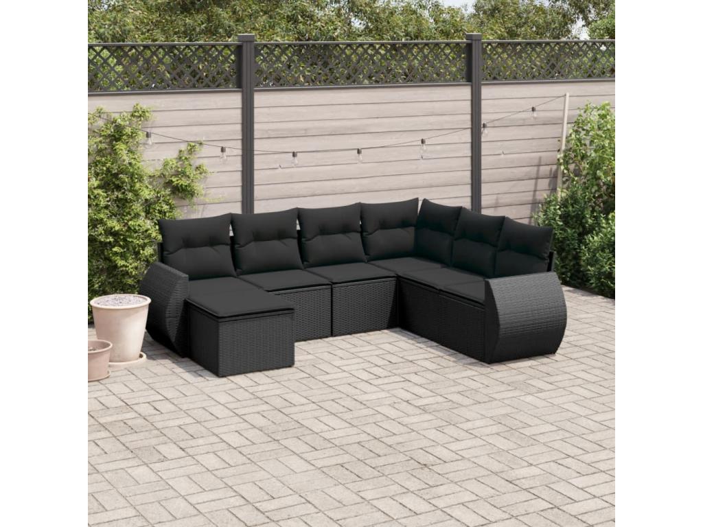 7-piece garden furniture set with cushions, black resin wicker, 71604BTDO