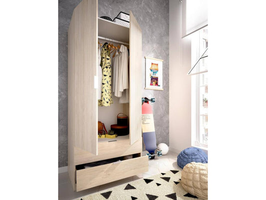 Parisianestop Wardrobe with Clothes Hanger for Bedroom, Wardrobe with 2 Hinged Doors and 2 Drawers, 81x52x184 cm, Oak, 28032SDAM