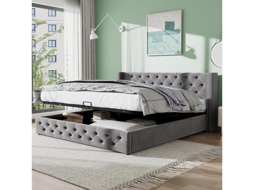 Storage bed - 160x200 cm - velvet - Parisianestop style slatted base - grey color 84603XQQH