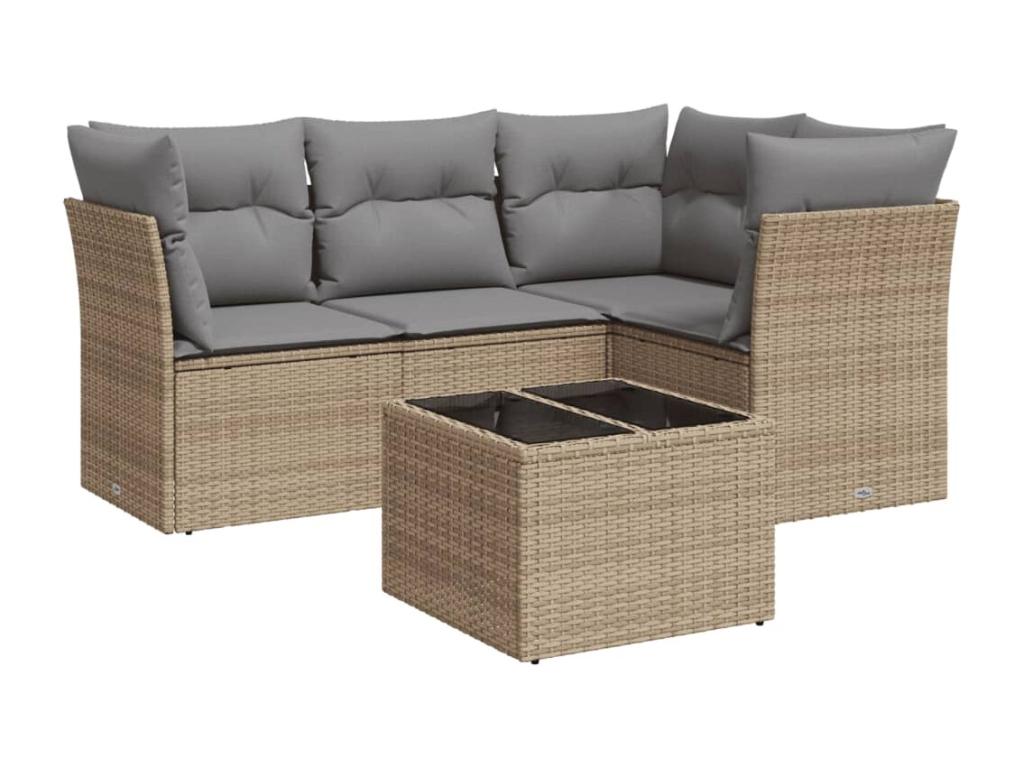 5-piece garden furniture set with cushions, beige wicker resin, 76406VTLP