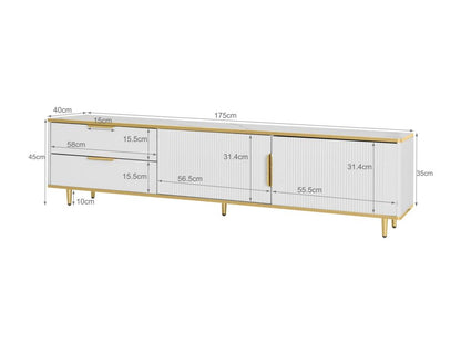 175cm TV stand with 2 drawers and 2 doors. Gold-tone metal legs and handle with carved Scandinavian-style motifs. Wooden living room furniture - White 32744GZNC