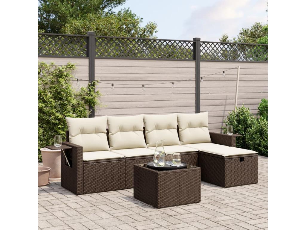 6-piece garden furniture set with cushions, brown woven resin, 12775TQYV
