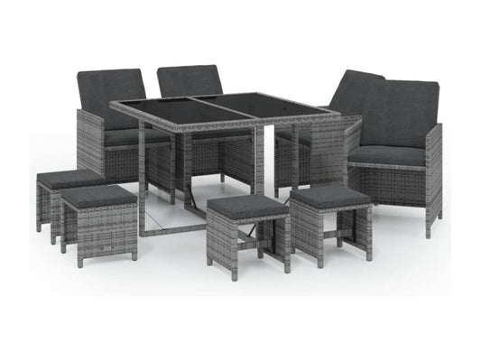 9-piece garden dining set and cushions, grey wicker resin, 53850MKXM