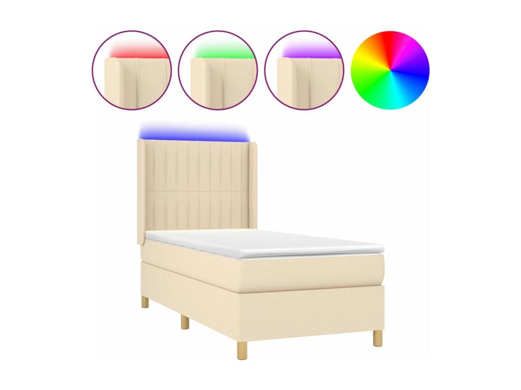 Upholstered bed base with mattress and LED lighting, Cream, 90x190 cm, Fabric, 72079XYHW