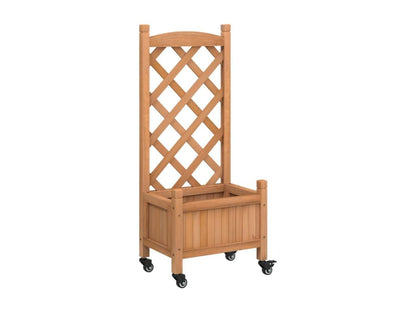 Planter with trellis and wheels, brown, solid fir wood, 64582DCSU