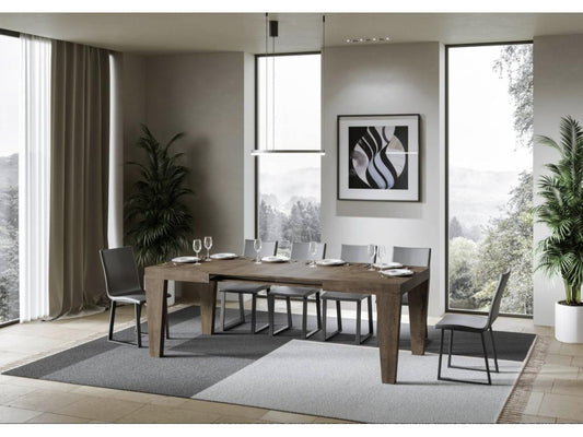 Extendable wooden dining table with V-shaped legs, Parisianestop - Brown - 4-leg support - 5 slim extensions - Extends from 130 to 390cm wide - 49420GDNQ